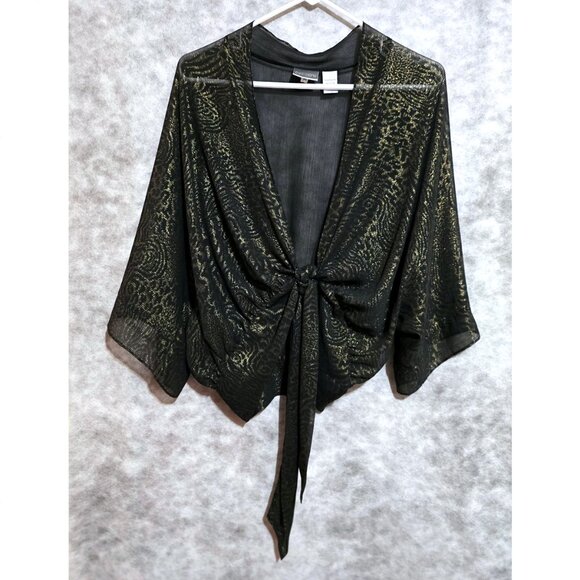 Chico's Wrap Top Blouse knot black & gold sheer jungle print kimono Sz 0/Small - Picture 1 of 4